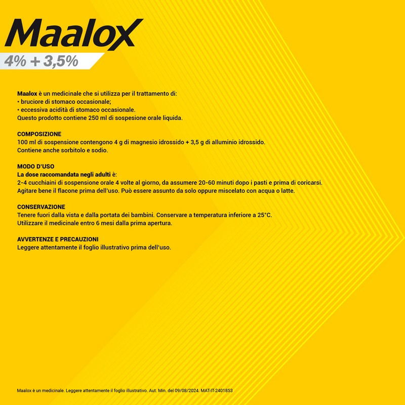 Maalox 400+400 sospensione orale, contro acidità di stomaco occasionale, 250 ml Maalox 400+400 sospensione orale, contro acidità di stomaco occasionale, 250 ml