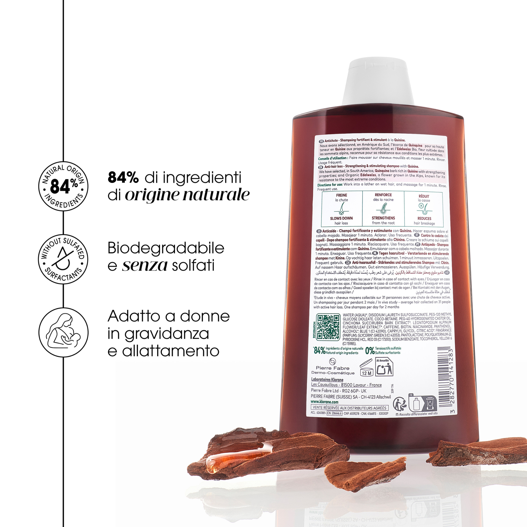Klorane Shampoo Fortificante e Stimolante alla Chinina, contro la caduta dei capelli, 400ml