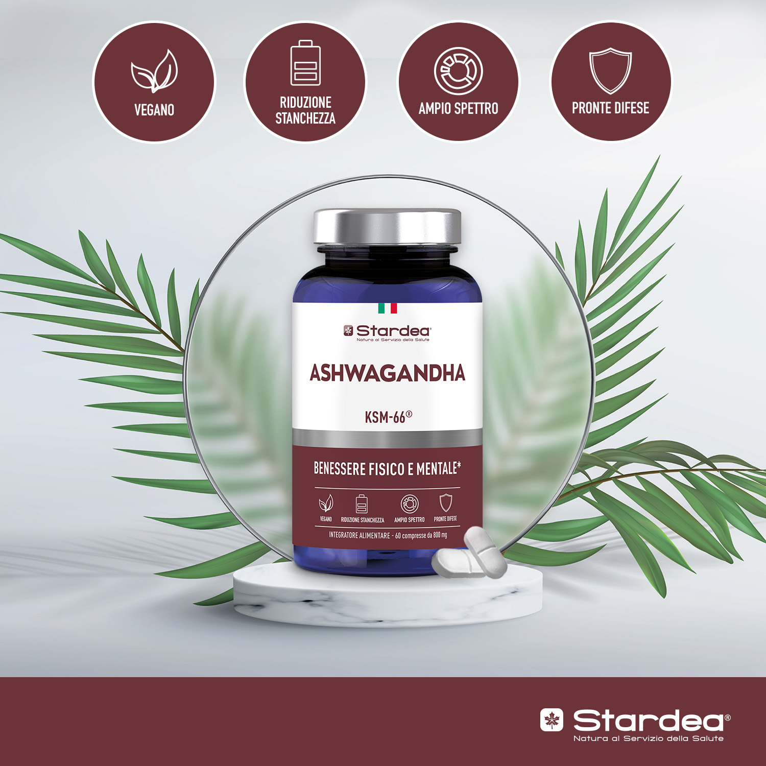 STARDEA ASHWAGANDHA - Compresse INTEGRATORE ALIMENTARE a base di Ashwagandha KSM-66® per il Benessere Fisico e Mentale STARDEA ASHWAGANDHA - Compresse INTEGRATORE ALIMENTARE a base di Ashwagandha KSM-66® per il Benessere Fisico e Mentale