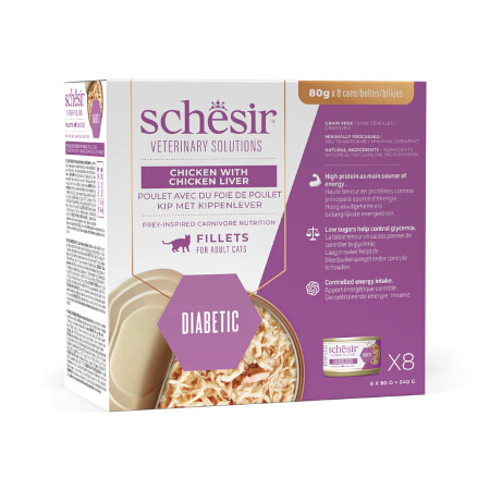 SCHESIR GATTO VETERINARY SOLUTIONS DIABETIC FILETTI POLLO/FEGATO DI POLLO 8X80GR (lattina) - MULTIPACK