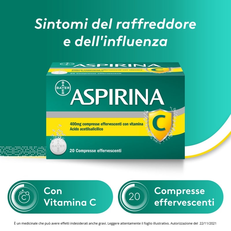 Aspirina C, contro sintomi di Raffreddore, Influenza e Febbre, 400 mg di Acido Acetilsalicilico + 240 mg di Vitamina C, antinfiammatorio e analgesico, 20 Compresse Effervescenti Aspirina C, contro sintomi di Raffreddore, Influenza e Febbre, 400 mg di Acido Acetilsalicilico + 240 mg di Vitamina C, antinfiammatorio e analgesico, 20 Compresse Effervescenti