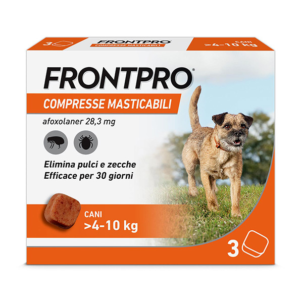 FRONTPRO x3 Compresse Masticabili Antiparassitario Per Cani (4-10Kg) Contro Pulci, Zecche, Uova e Larve