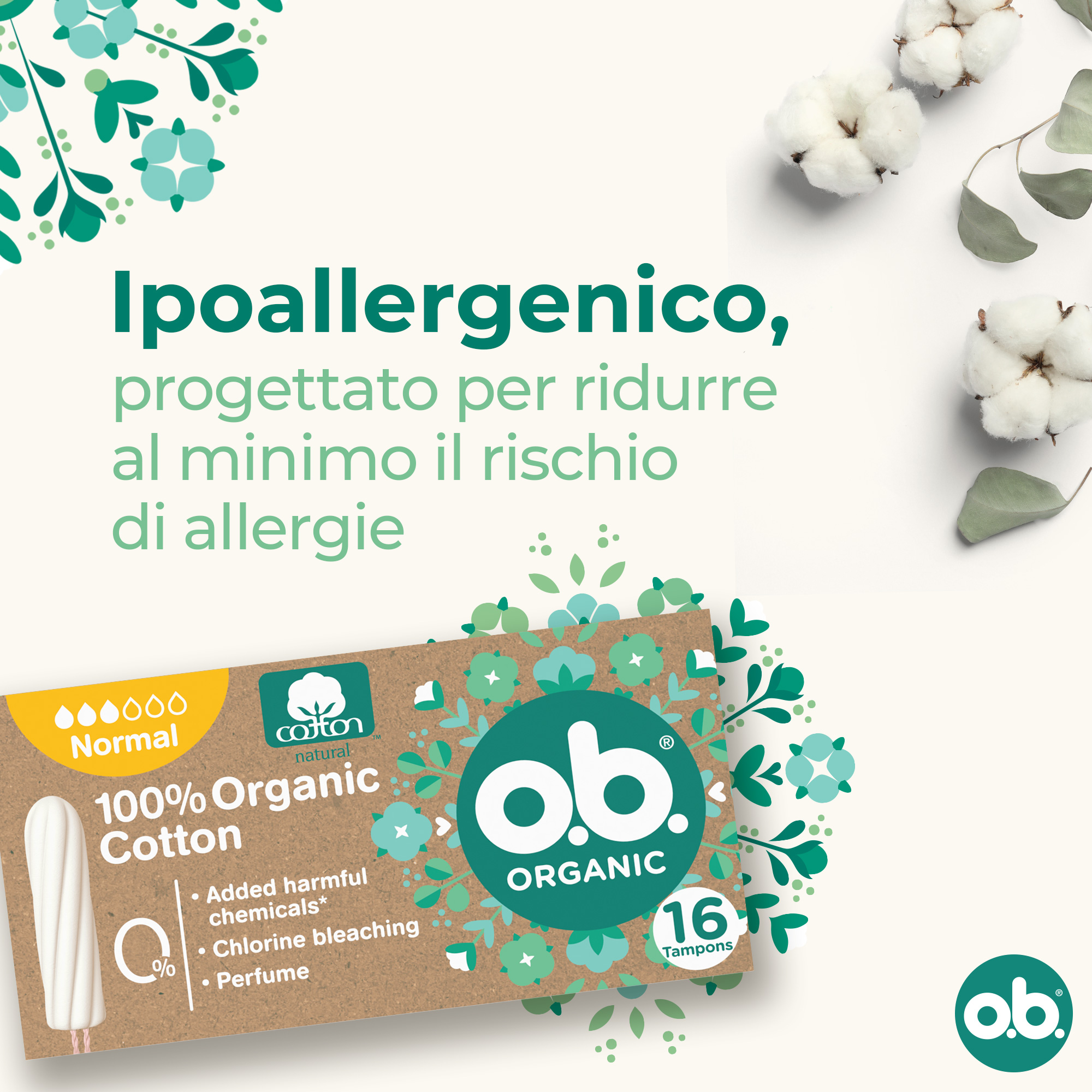 o.b. Organic Tamponi, Normal, 16 Tamponi da 50 G, White o.b. Organic Tamponi, Normal, 16 Tamponi da 50 G, White