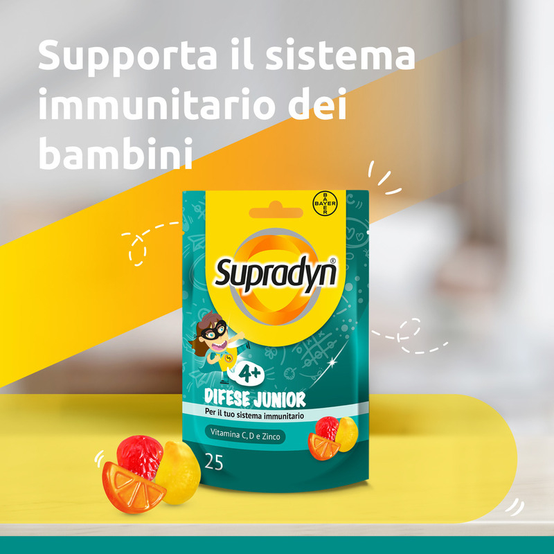 Supradyn Difese Junior Integratore Multivitaminico con Vitamina C, D e Zinco per le Difese Immunitarie dei Bambini, Gusto Arancia, Fragola e Papaya, 25 Caramelle Gommose Supradyn Difese Junior Integratore Multivitaminico con Vitamina C, D e Zinco per le Difese Immunitarie dei Bambini, Gusto Arancia, Fragola e Papaya, 25 Caramelle Gommose