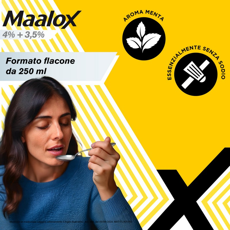 Maalox 400+400 sospensione orale, contro acidità di stomaco occasionale, 250 ml Maalox 400+400 sospensione orale, contro acidità di stomaco occasionale, 250 ml