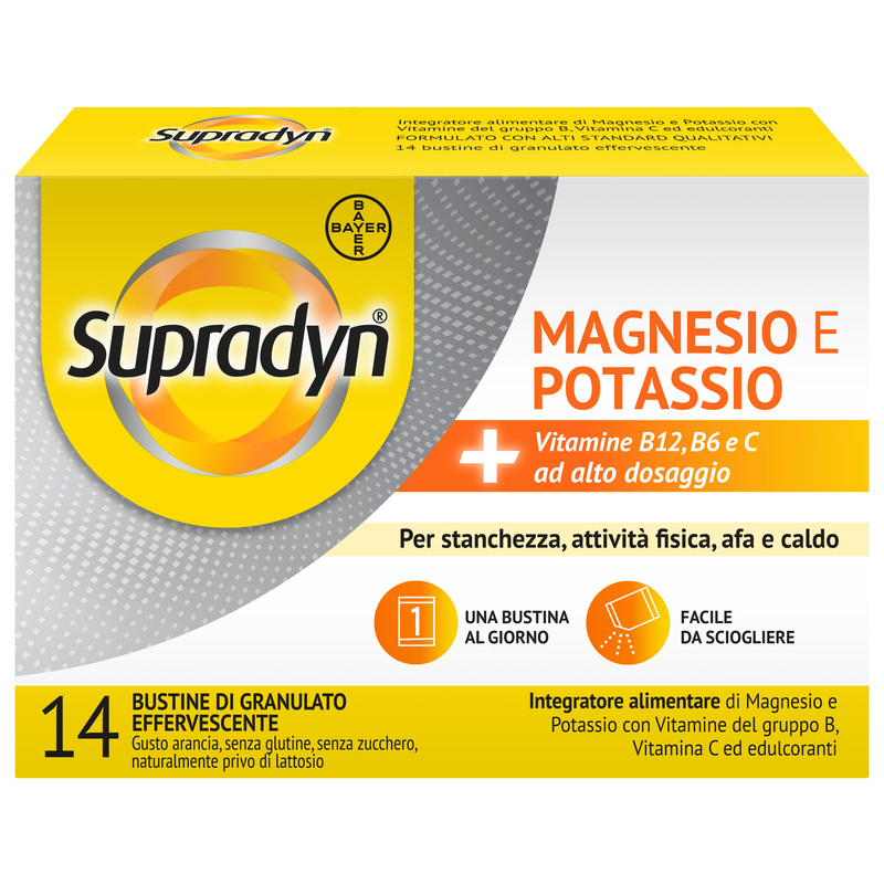 Supradyn Magnesio e Potassio Integratore Multivitaminico  con Vitamine B, Vitamina C e Minerali, in caso di Caldo, Afa e Sport, Gusto Arancia, 14 Bustine Effervescenti
