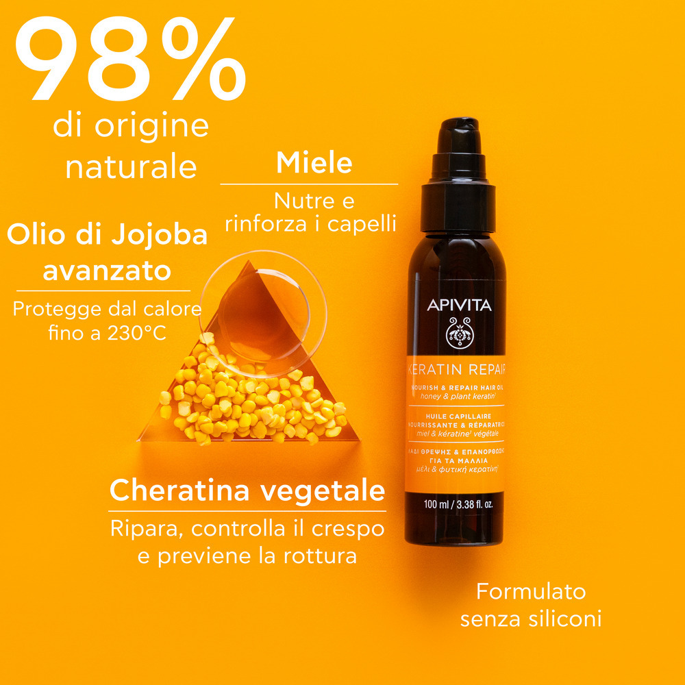Apivita Keratin Repair - Olio Termoprotettore, Riparatoratore E Anti-Crespo Per Capelli Danneggiati 100 ml