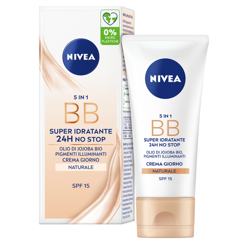 Nivea 5 in 1 BB Cream Super Idratante 24H No Stop Naturale 50 ml, Crema viso colorata con SPF15