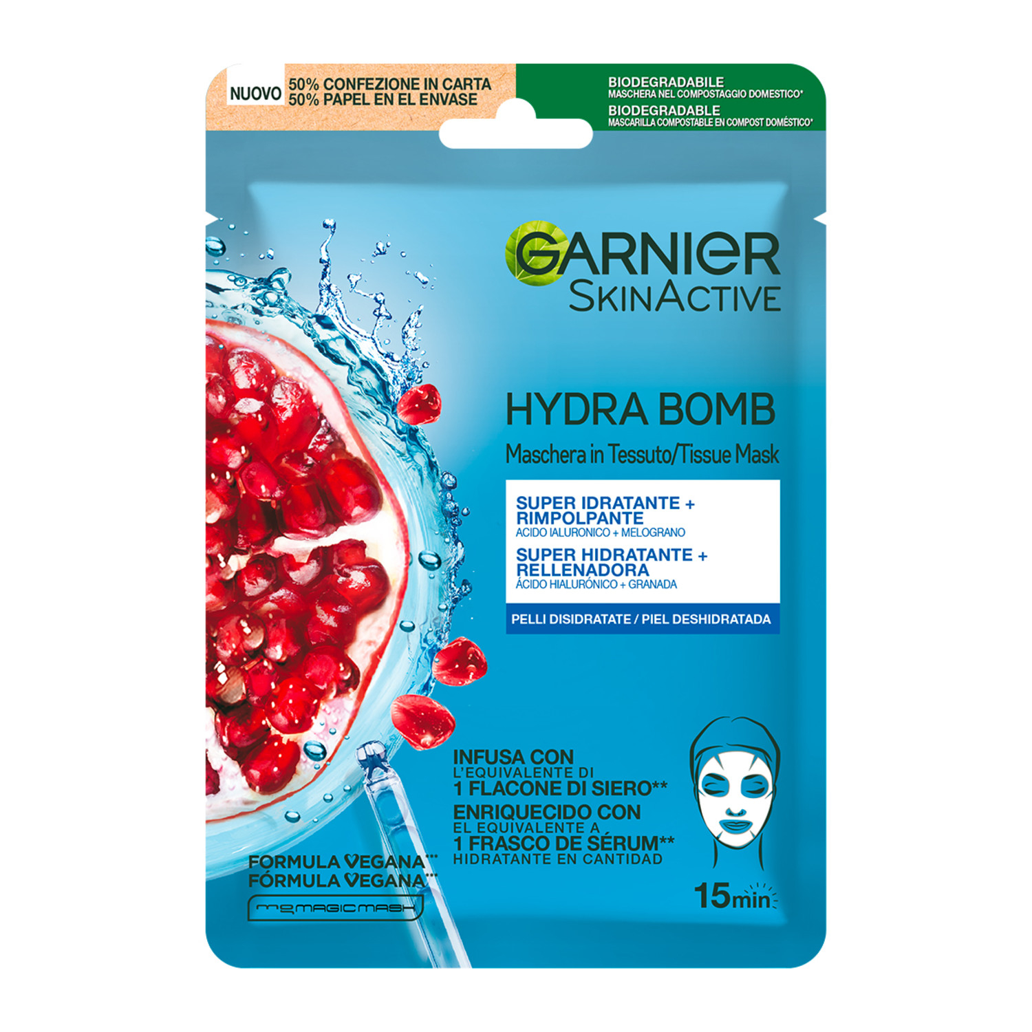 Garnier Maschera in Tessuto HydraBomb, Formula Idratante ed Energizzante per Pelli da Dissetare, Melograno, 32 ml