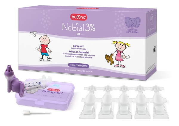 Nebial 3% Kit Soluzione Ipertonica Con Acido Ialuronico 20 Flaconcini Monodose 5 ml e Nebulizzatore Spray