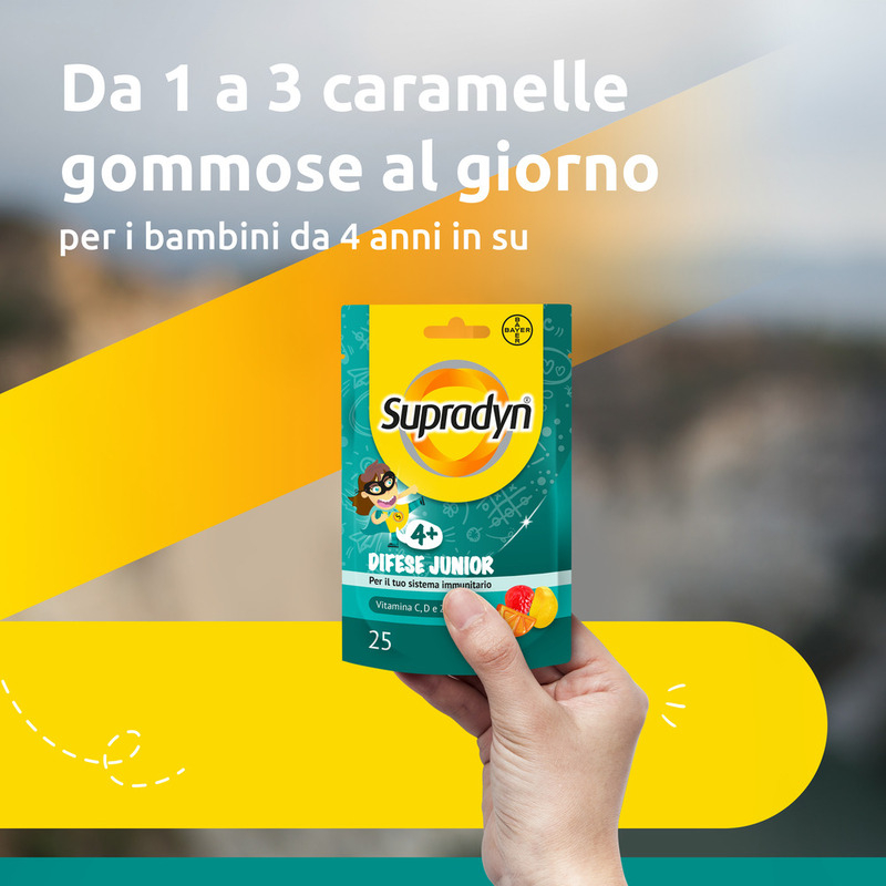 Supradyn Difese Junior Integratore Multivitaminico con Vitamina C, D e Zinco per le Difese Immunitarie dei Bambini, Gusto Arancia, Fragola e Papaya, 25 Caramelle Gommose Supradyn Difese Junior Integratore Multivitaminico con Vitamina C, D e Zinco per le Difese Immunitarie dei Bambini, Gusto Arancia, Fragola e Papaya, 25 Caramelle Gommose