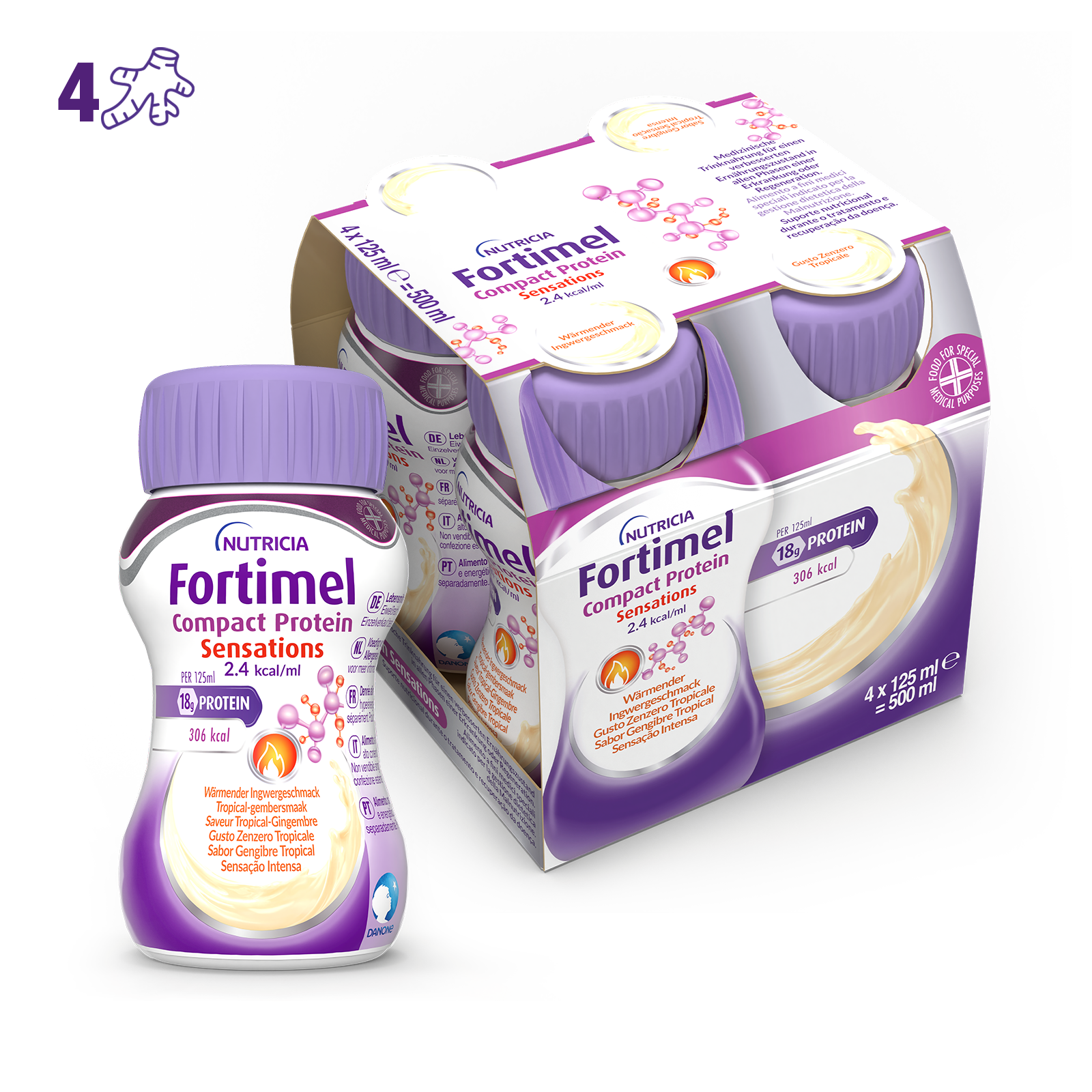 Nutricia Fortimel Compact Protein Sensations, Gusto Zenzero Tropicale, Ipercalorico e Iperproteico, 4x125ml Nutricia Fortimel Compact Protein Sensations, Gusto Zenzero Tropicale, Ipercalorico e Iperproteico, 4x125ml