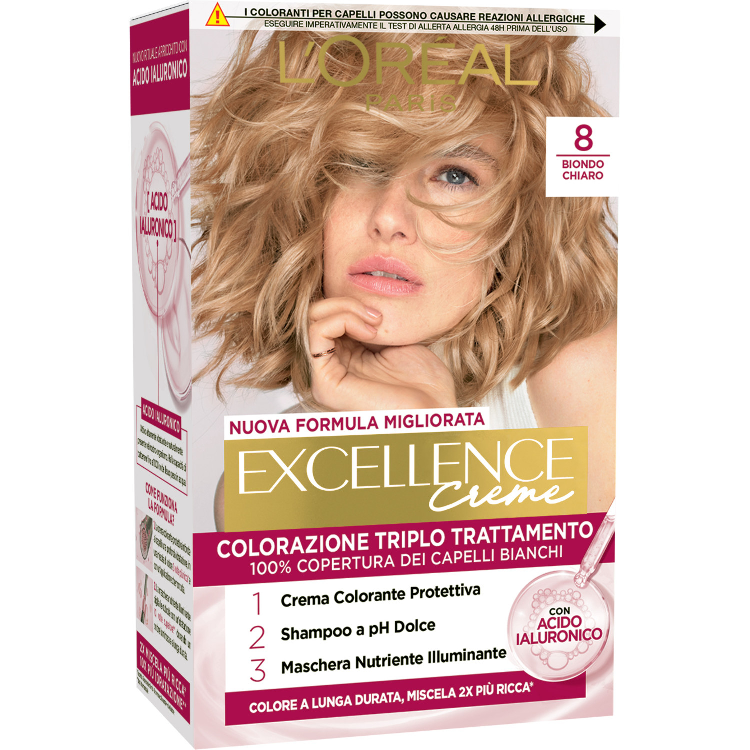 L'Oréal Paris Colorazione Triplo Trattamento Excellence, Con Acido Ialuronico, 100% Copertura Capelli Bianchi, Per Capelli Più Idratati, Biondo Chiaro (8)