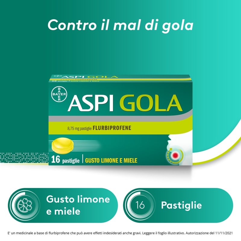Aspi Gola Pastiglie per la gola infiammata, con 8,75 mg di Flurbiprofene, contro Faringite e Mal di gola, Gusto Limone e Miele 16 Pastiglie Orosolubili Aspi Gola Pastiglie per la gola infiammata, con 8,75 mg di Flurbiprofene, contro Faringite e Mal di gola, Gusto Limone e Miele 16 Pastiglie Orosolubili