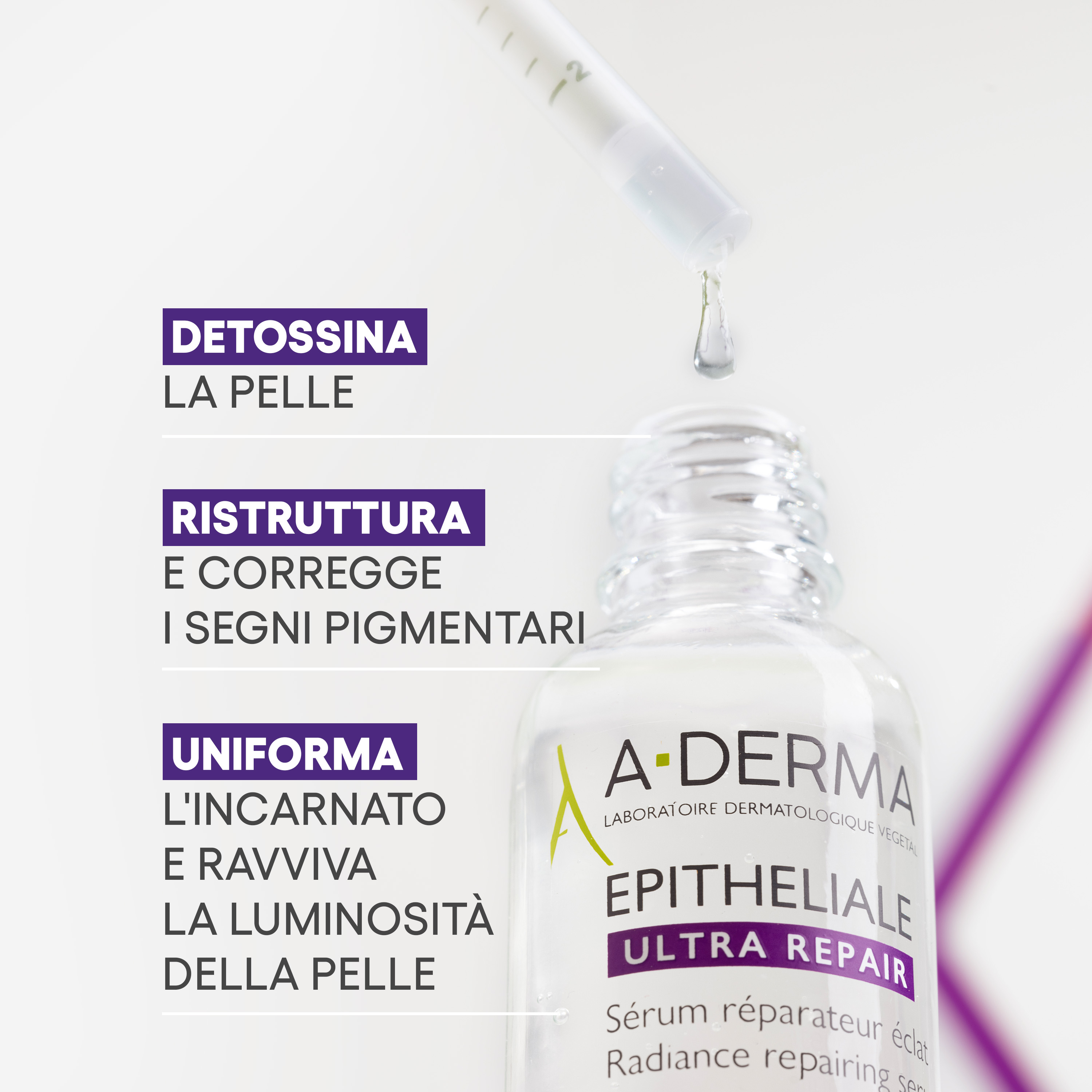 A-Derma Epitheliale Ultra Repair Siero ristrutturante luminosità, Anti-macchie, Vitamina C, 30ml 