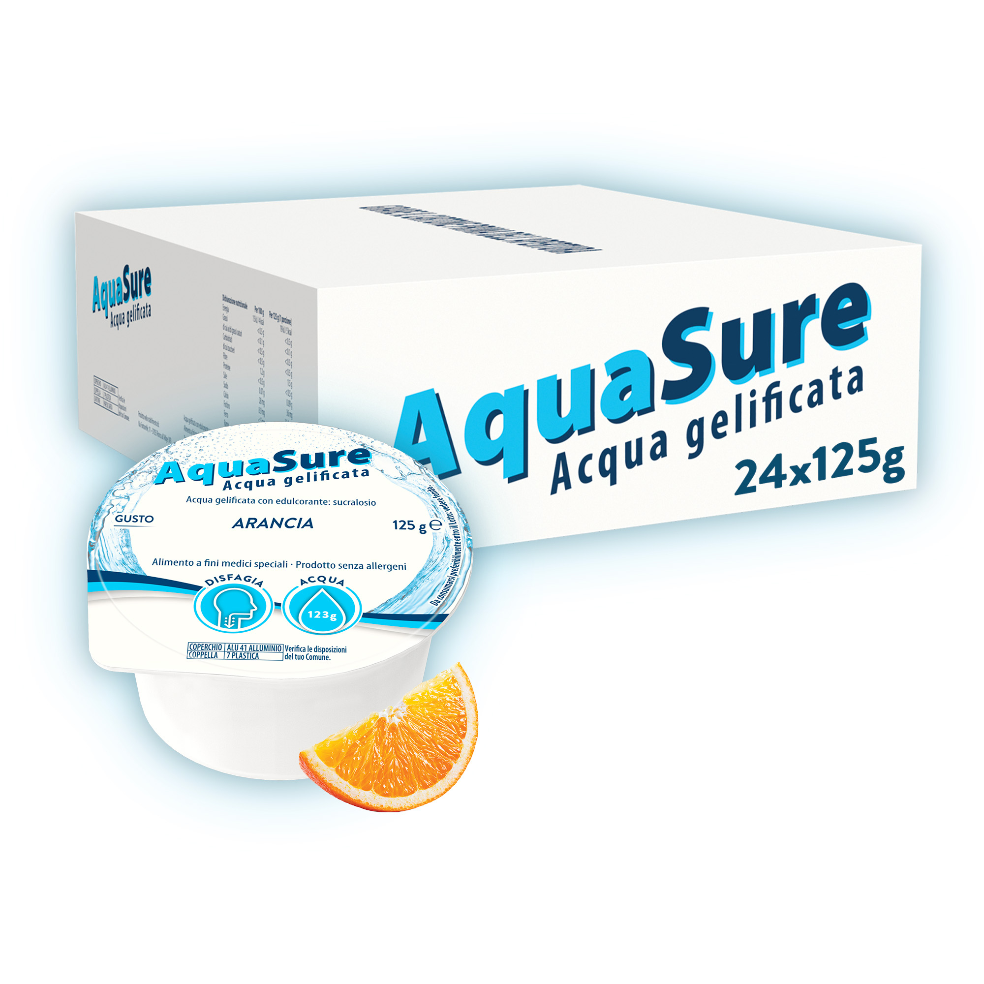 AquaSure Acqua Gelificata per il trattamento dietetico di soggetti affetti da disfagia e problemi della deglutizione 24x125 g