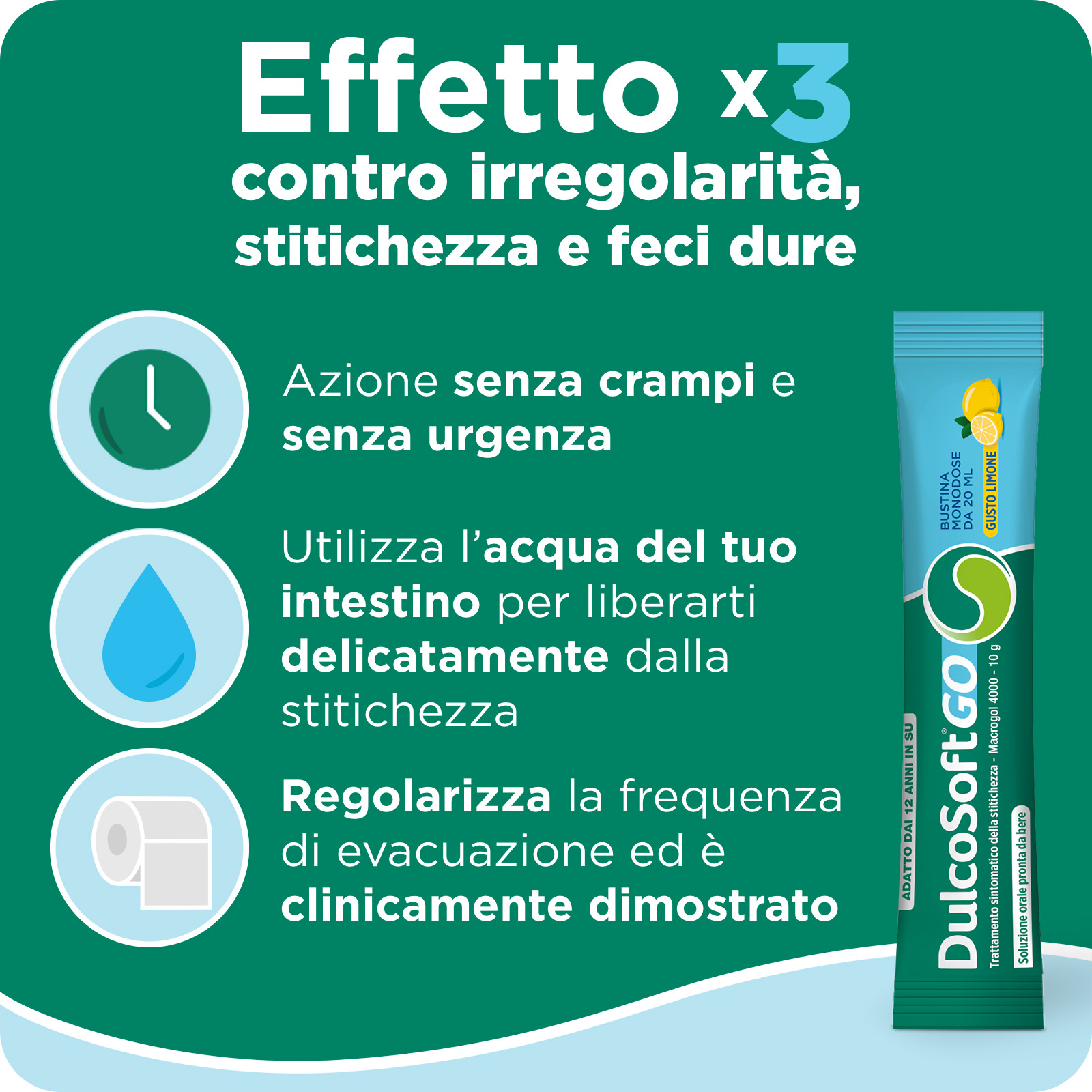 DulcoSoft Go Soluzione Orale 20 Stick Gusto Limone - Lassativo Delicato Con Macrogol 4000 In Caso Di Stitichezza