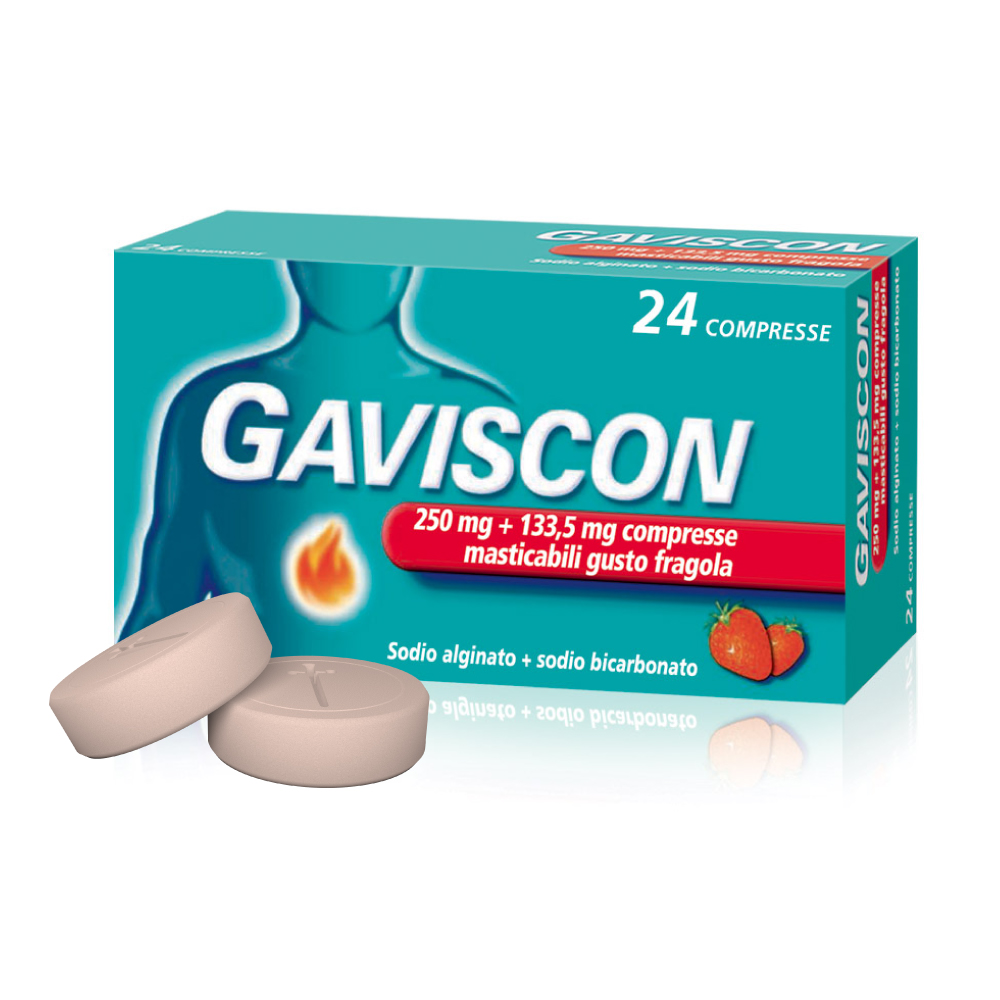 Gaviscon 250 mg + 133,5 mg - 24 Compresse Masticabili Gusto Fragola Contro I Sintomi Del Reflusso Gastroesofageo, Bruciore E Acidità Di Stomaco