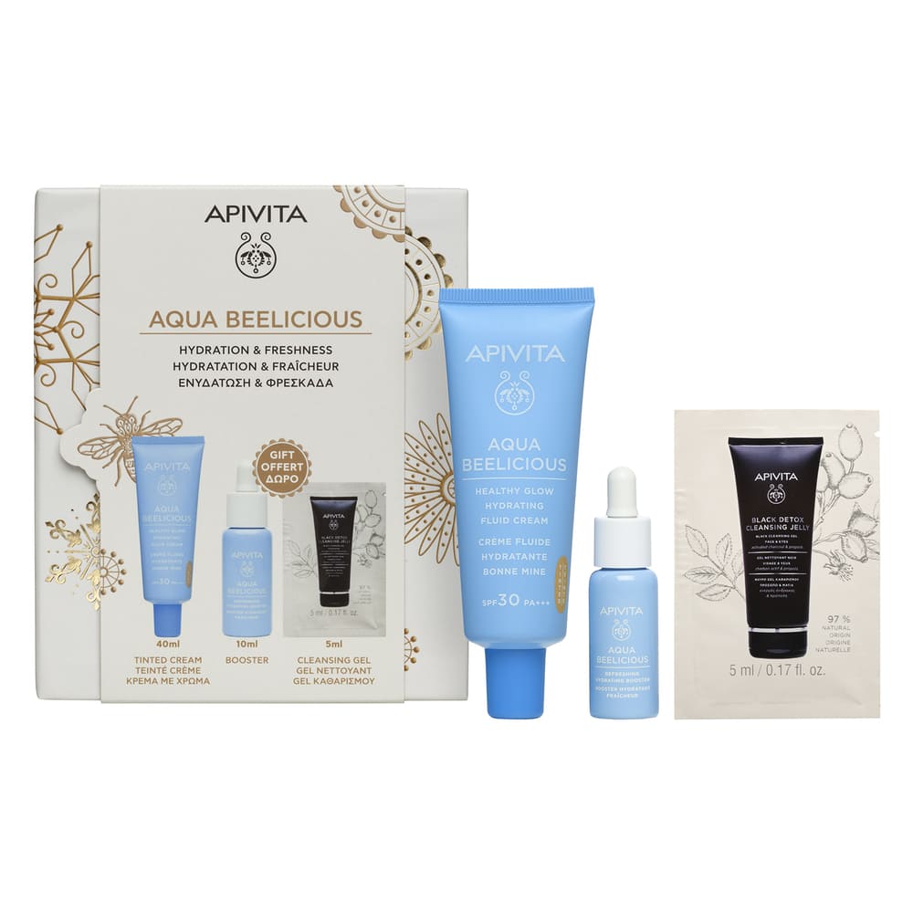 Apivita Aqua Beelicious Cofanetto Regalo - Crema Fluida Idratante Tinted 40 ml + Booster Rivitalizzante Idratante 10 ml + Gel Detergente Nero Viso Occhi 5 ml
