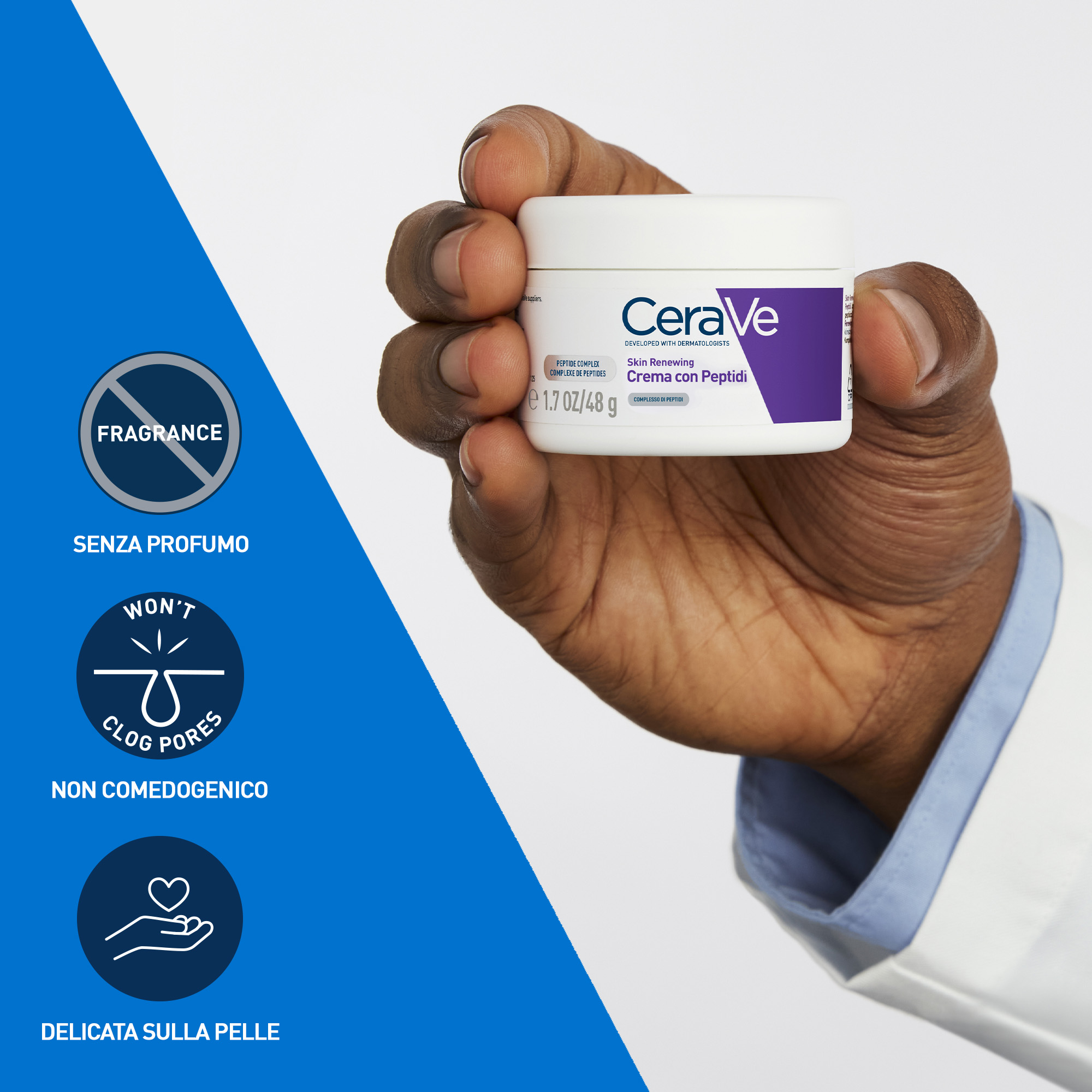 CeraVe Skin Renewing Crema Viso Peptidi, Con Complesso di Peptidi, 3 Ceramidi Essenziali e Niacinamide,  Per i Primi Segni dell'Età, 48g