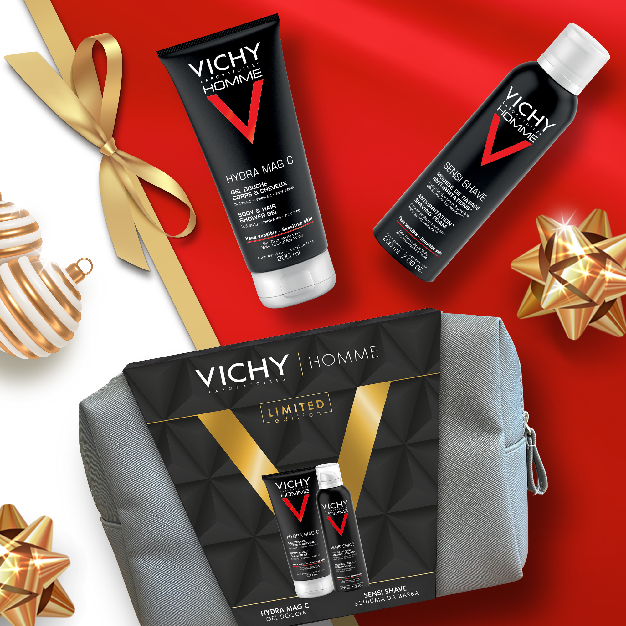 Vichy Pochette Regalo da Uomo per le esigenze specifiche della pelle maschile con Gel Doccia Hydra Mag C 200 ml + Schiuma Da Barba Sensi Shave 200 ml Vichy Pochette Regalo da Uomo per le esigenze specifiche della pelle maschile con Gel Doccia Hydra Mag C 200 ml + Schiuma Da Barba Sensi Shave 200 ml
