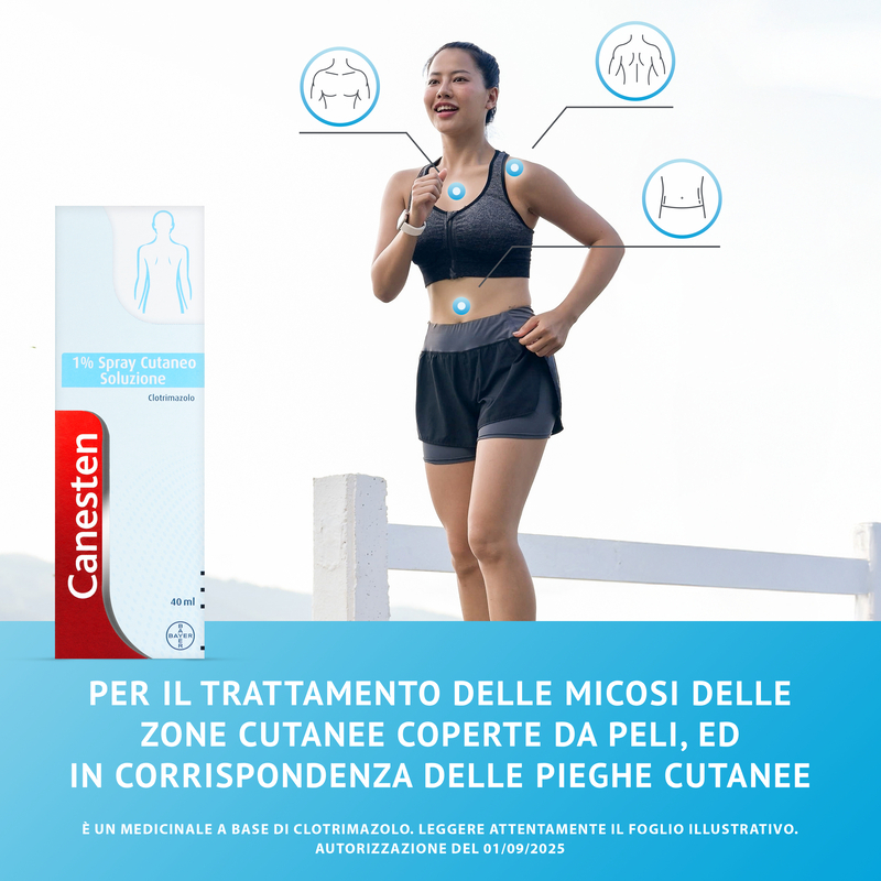 Canesten Spray cutaneo, per il Trattamento di Micosi, Funghi della Pelle e Piedi, a base di Clotrimazolo 1%,  con azione Antifungina e Antimicotica, Flacone da 40 ml