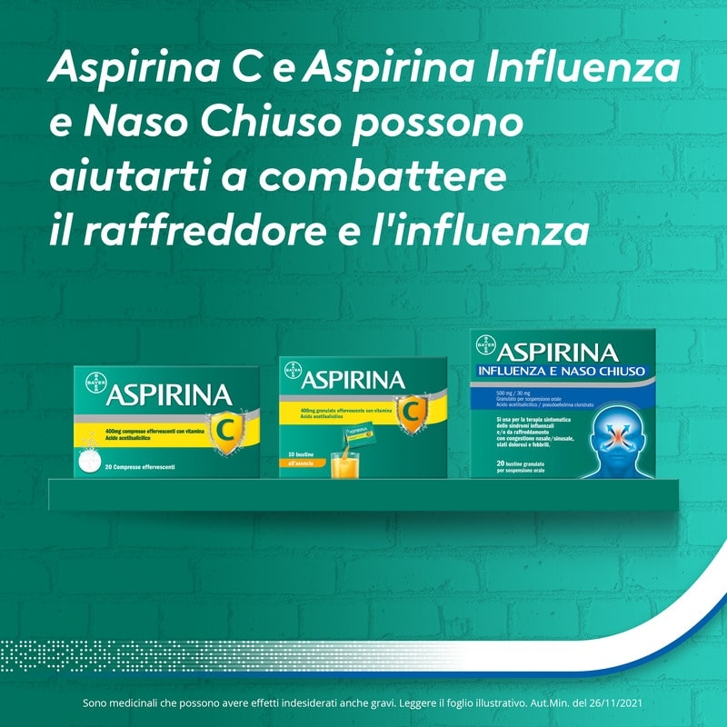 Aspirina Influenza e Naso Chiuso, Granulato per Soluzione Orale, 500mg Acido Acetilsalicilico + 30mg Pseudoefedrina, Effetto Antipiretico e Decongestionante, 20 Bustine Aspirina Influenza e Naso Chiuso, Granulato per Soluzione Orale, 500mg Acido Acetilsalicilico + 30mg Pseudoefedrina, Effetto Antipiretico e Decongestionante, 20 Bustine