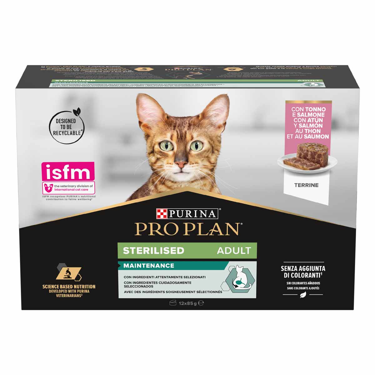 NESTLE' PURINA PRO PLAN GATTO STERILISED MAINTENANCE TONNO/SALMONE 12x85GR (lattina) MULTIPACK
