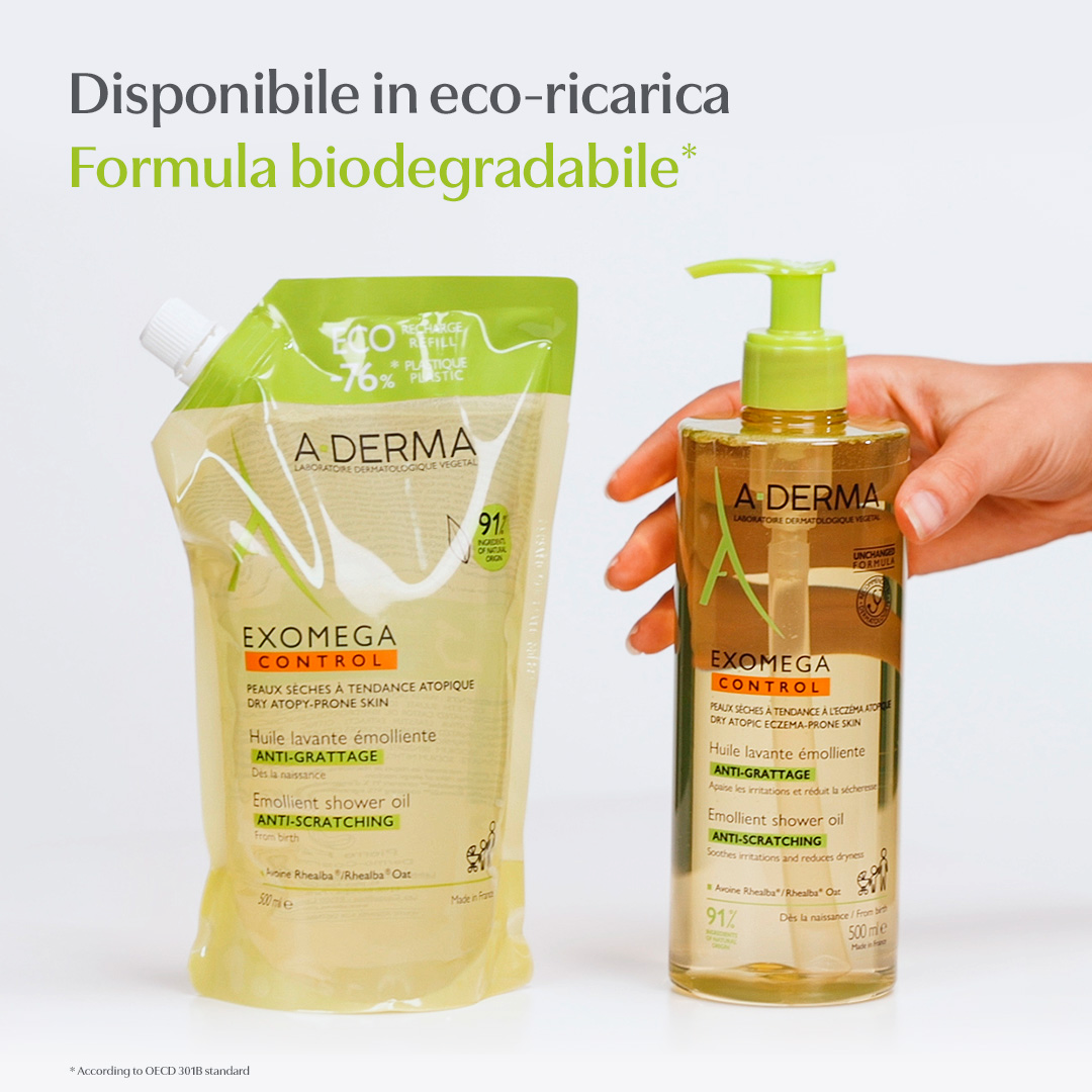 A-Derma Exomega control Special Pack  1+1 Olio lavante emolliente 500ml + Eco Ricarica 500ml, pelle secca e/o a tendenza atopica 