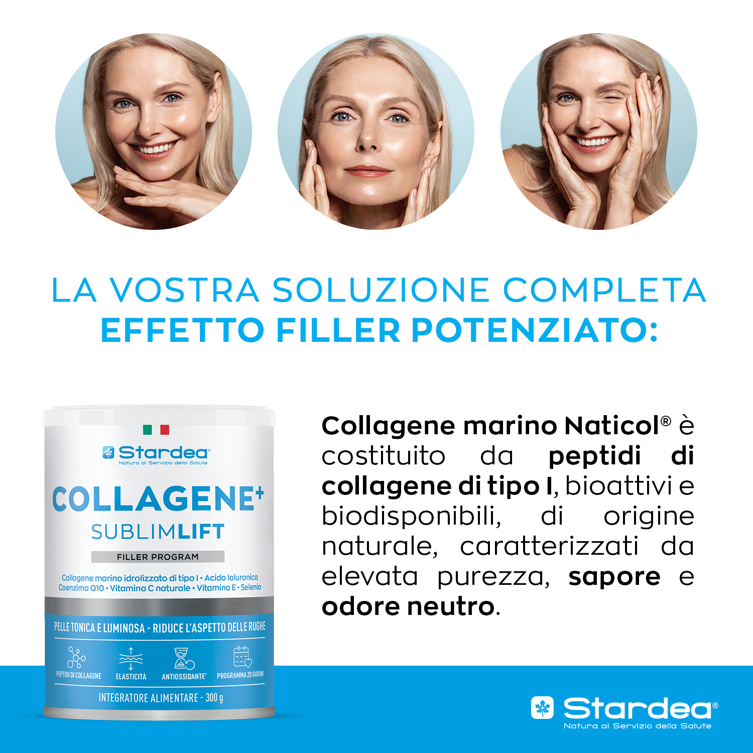 STARDEA COLLAGENE + SUBLIMLIFT POLVERE - Integratore in polvere a base di collagene marino di tipo 1 per la Bellezza della pelle - POLVERE 300 GR