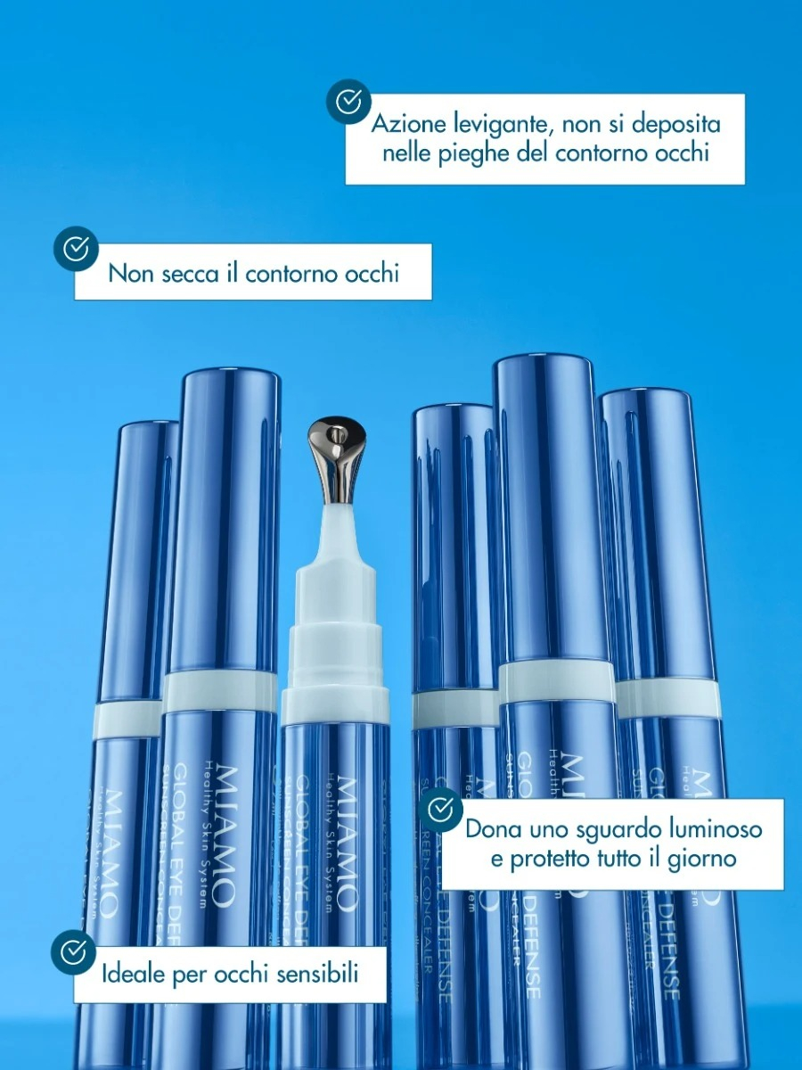 Miamo Global Eye Defence Sunscreen Concealer Correttore Contorno Occhi Anti-Rughe Anti-Borse Illuminante SPF 30 Colore APRICOAT, 7.5ml