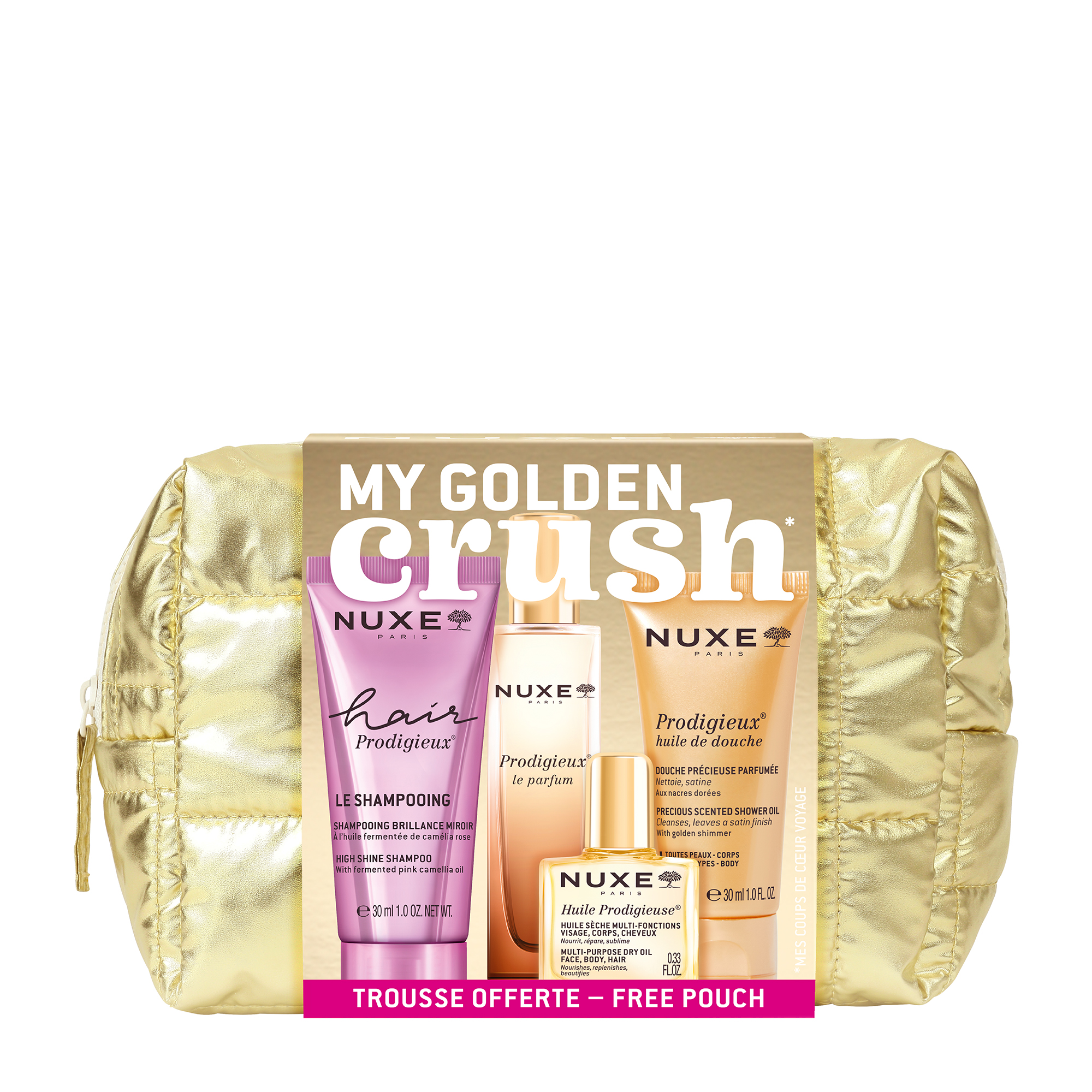 Nuxe - Trousse My Golden Crush - Olio Doccia 30 ml + Huile Prodigieuse 10 ml + Le Parfum 15 ml + Shampoo 50 ml