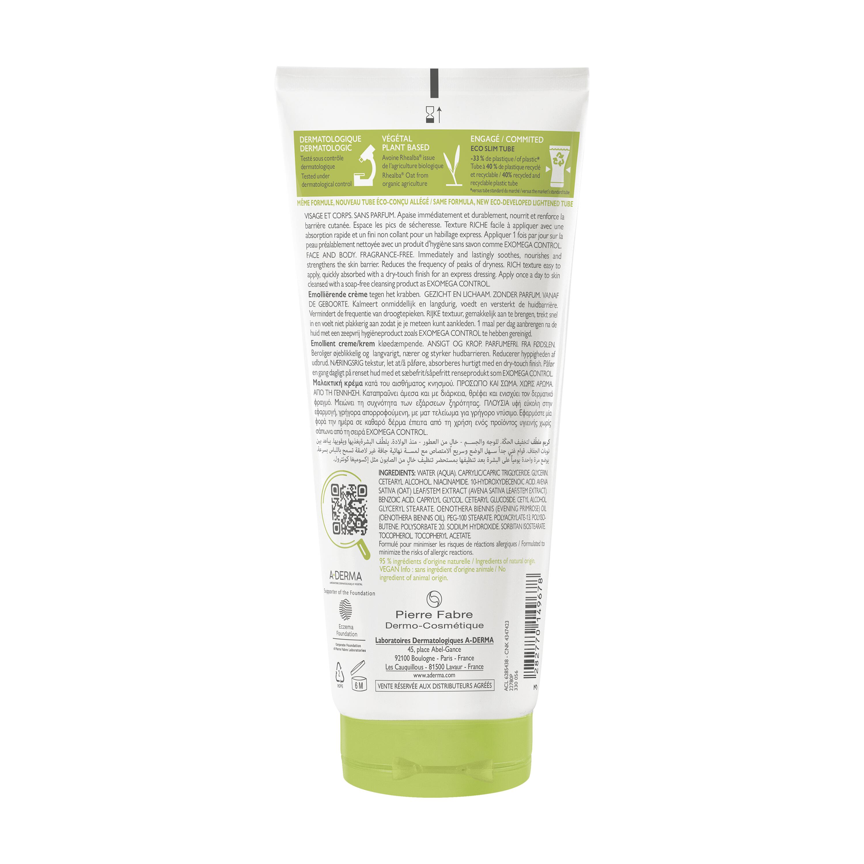 A-Derma Exomega Control - Crema Emolliente Anti-Grattage Per Pelle Secca A Tendenza Atopica 200 ml