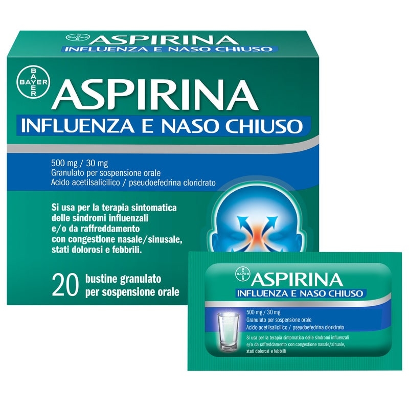 Aspirina Influenza e Naso Chiuso, Granulato per Soluzione Orale, 500mg Acido Acetilsalicilico + 30mg Pseudoefedrina, Effetto Antipiretico e Decongestionante, 20 Bustine Aspirina Influenza e Naso Chiuso, Granulato per Soluzione Orale, 500mg Acido Acetilsalicilico + 30mg Pseudoefedrina, Effetto Antipiretico e Decongestionante, 20 Bustine