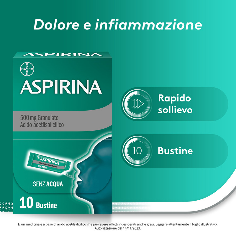 Aspirina in Granuli Senza Acqua, Antidolorifico e Antinfiammatorio contro Mal di Testa, Dolore e Infiammazione, Aroma Cola, 10 Buste orosolubili Aspirina in Granuli Senza Acqua, Antidolorifico e Antinfiammatorio contro Mal di Testa, Dolore e Infiammazione, Aroma Cola, 10 Buste orosolubili