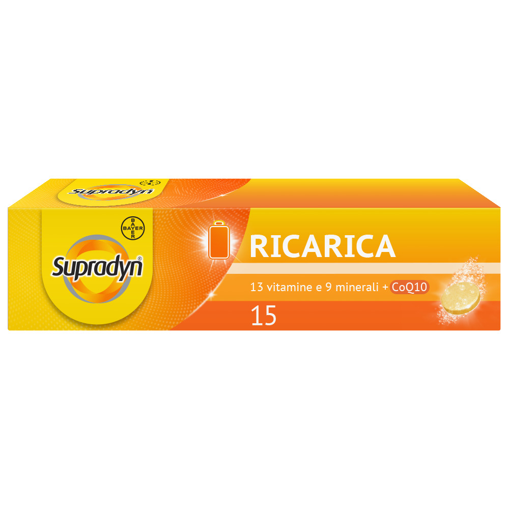 Supradyn Ricarica Integratore Multivitaminico Completo con Vitamine A, B, C, D, E, K, Minerali e Coenzima Q10 contro la Stanchezza, Gusto Arancia, 15 Compresse Effervescenti Rivestite
