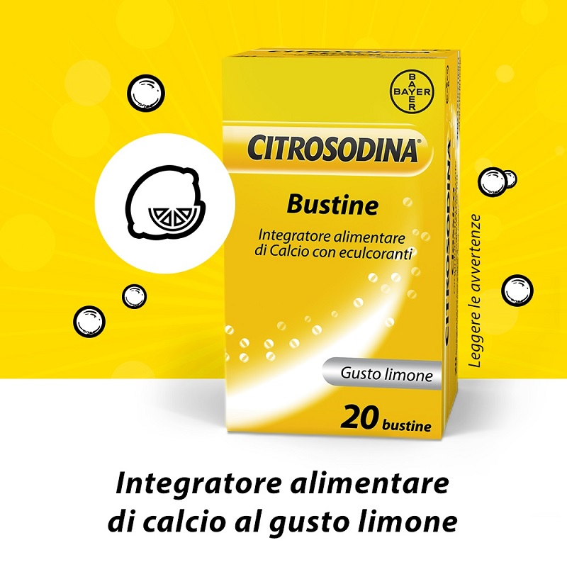 Citrosodina, Integratore di Calcio,  Digestivo per ritrovare la leggerezza dopo i pasti, Senza Zucchero, Gusto Limone, 20 Bustine Effervescenti Citrosodina, Integratore di Calcio,  Digestivo per ritrovare la leggerezza dopo i pasti, Senza Zucchero, Gusto Limone, 20 Bustine Effervescenti