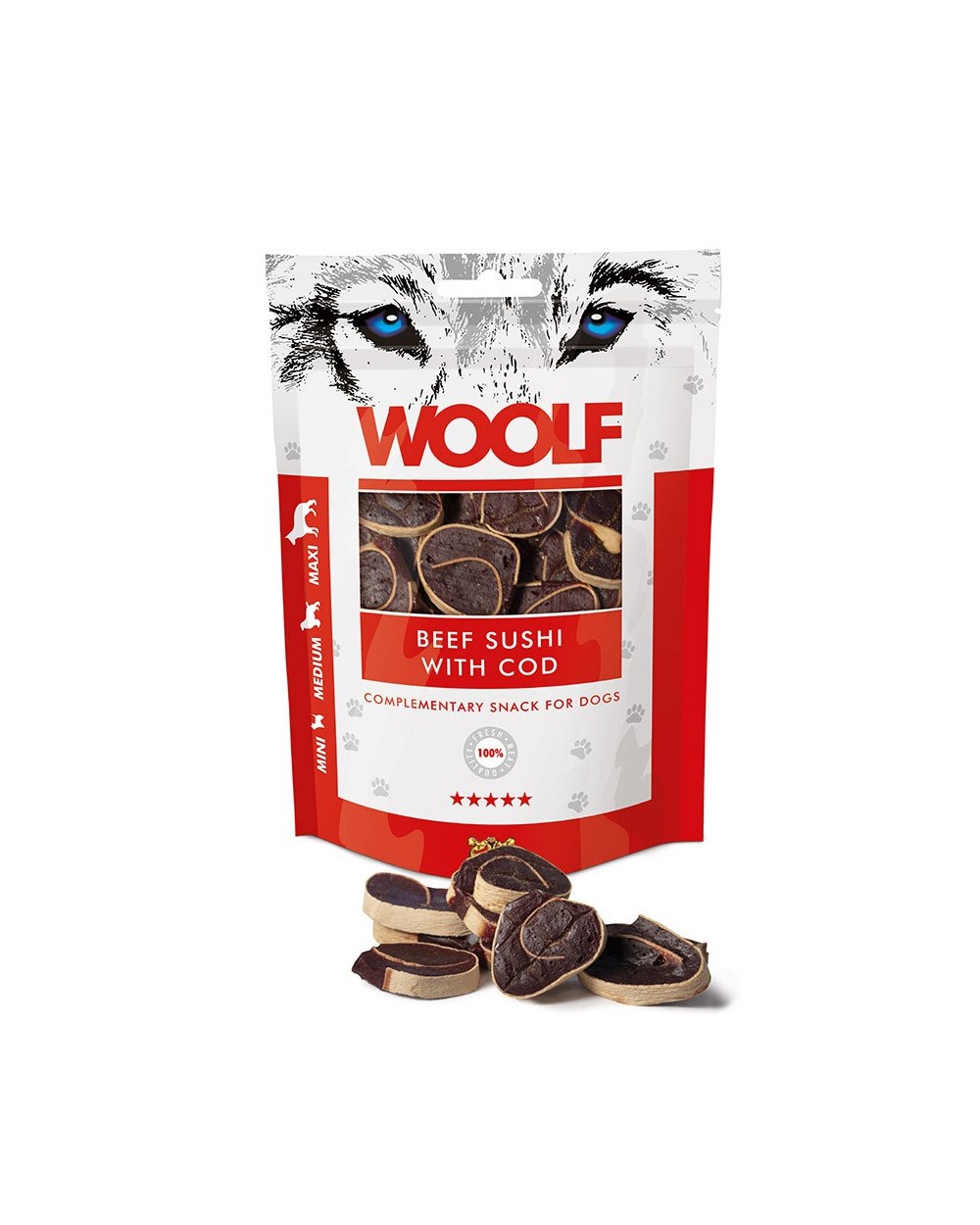 MAST WOOLF CANE SNACK MINI/MEDIUM/MAXI SUSHI MANZO MERLUZZO 100GR