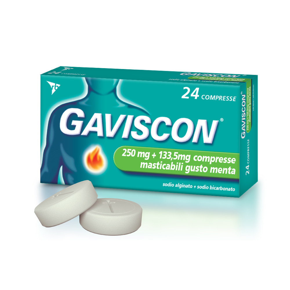 Gaviscon 250 mg + 133,5 mg - 24 Compresse Masticabili Gusto Menta Contro I Sintomi Del Reflusso Gastroesofageo, Bruciore E Acidità Di Stomaco