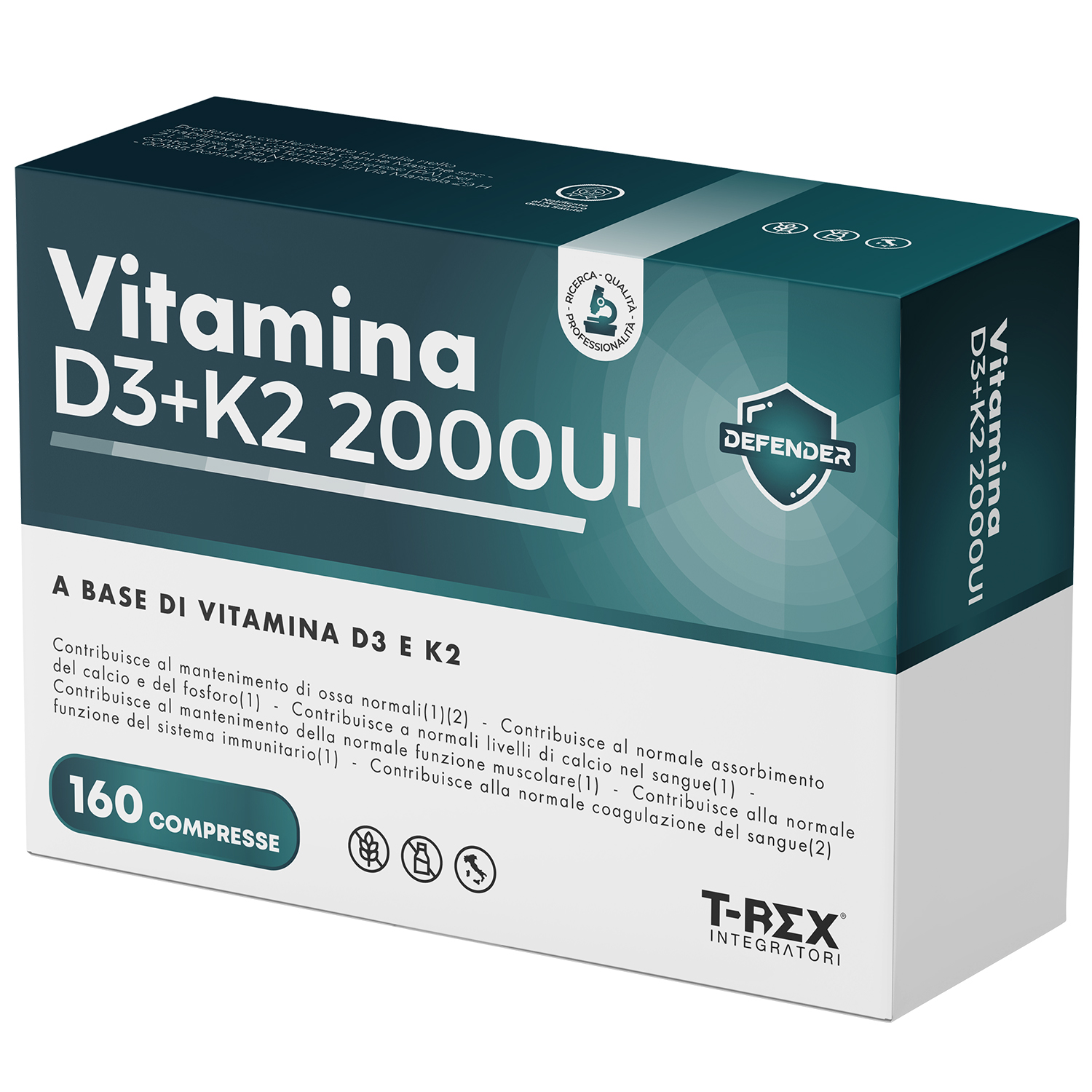 T-Rex Integratori Vitamina D3+K2 2000 UI 160 Compresse - Integratore Di Vitamine D3+K2
