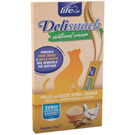 LIFEPETCARE LIFE GATTO SNACK DELISNACK POLLO COZZE VERDI QUINOA 6PZ 15GR