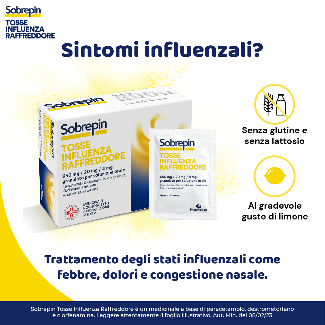 SOBREPIN TOSSE INFLUENZA RAFFREDDORE*orale grat 10 buste 650 mg + 20 mg + 4 mg