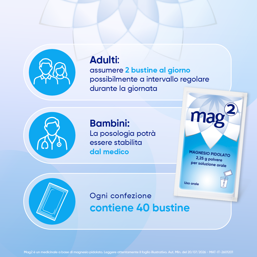 MAG2 Magnesio Pidolato 2,25 g Polvere - Soluzione Orale Per Stanchezza E Debolezza Muscolare 40 Bustine