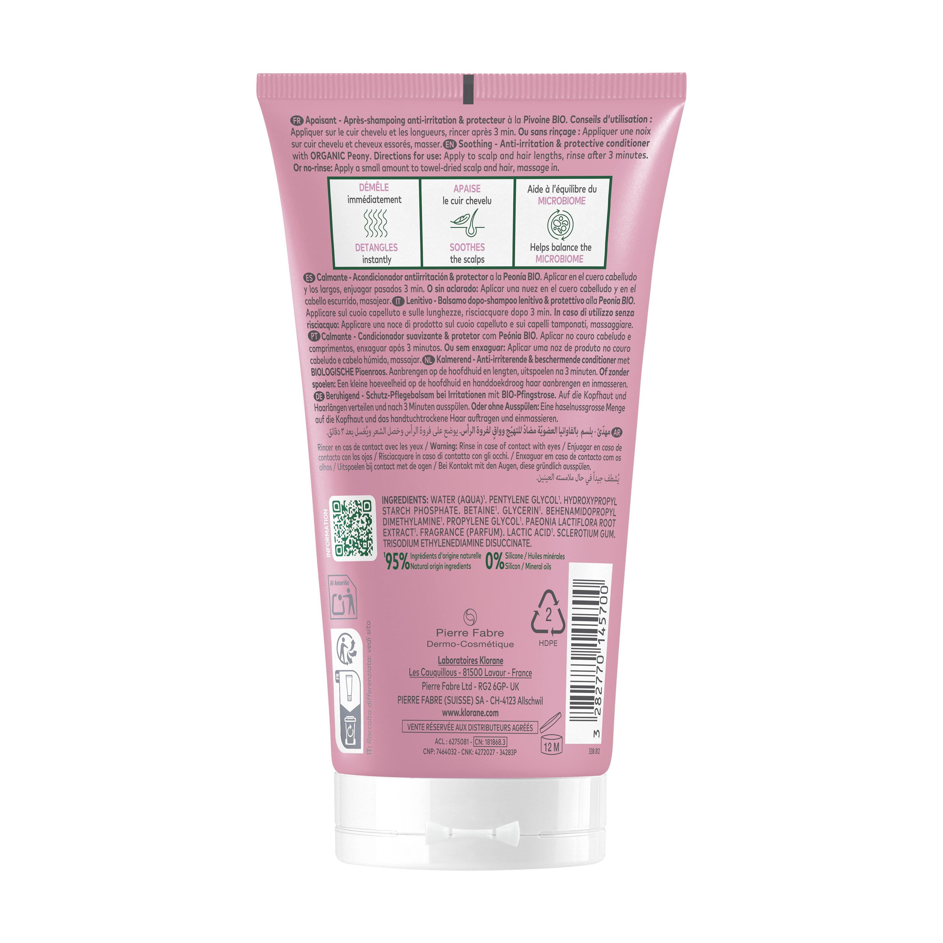 Klorane - Balsamo Dopo-Shampoo Lenitivo, Protettivo Alla Peonia Bio 150 ml
