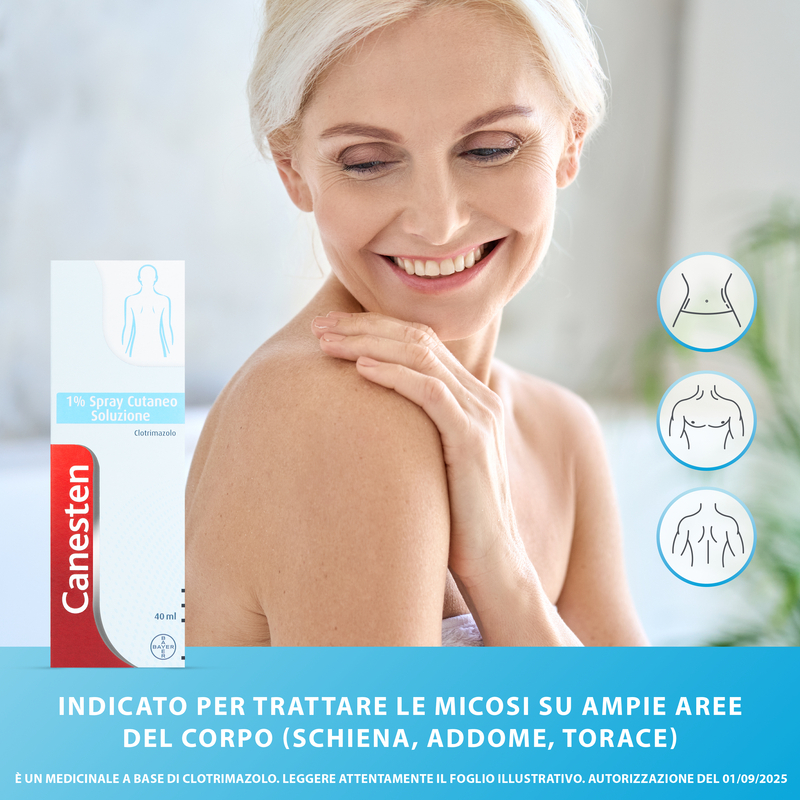 Canesten Spray cutaneo, per il Trattamento di Micosi, Funghi della Pelle e Piedi, a base di Clotrimazolo 1%,  con azione Antifungina e Antimicotica, Flacone da 40 ml