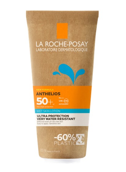 La Roche-Posay Anthelios Lotion Pelle Bagnata spf50+ 200 ml. Protezione UV corpo molto alta per la pelle bagnata.