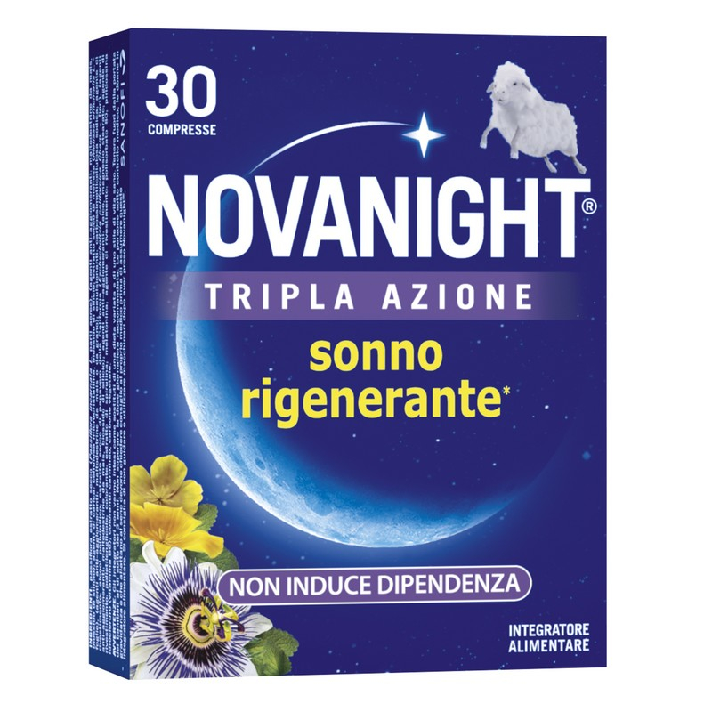 NOVANIGHT Tripla Azione Sonno Rigenerante, Integratore Alimentare con Melissa e Melatonina per Dormire, Senza Glutine, 30 Compresse, Non Induce Dipendenza NOVANIGHT Tripla Azione Sonno Rigenerante, Integratore Alimentare con Melissa e Melatonina per Dormire, Senza Glutine, 30 Compresse, Non Induce Dipendenza