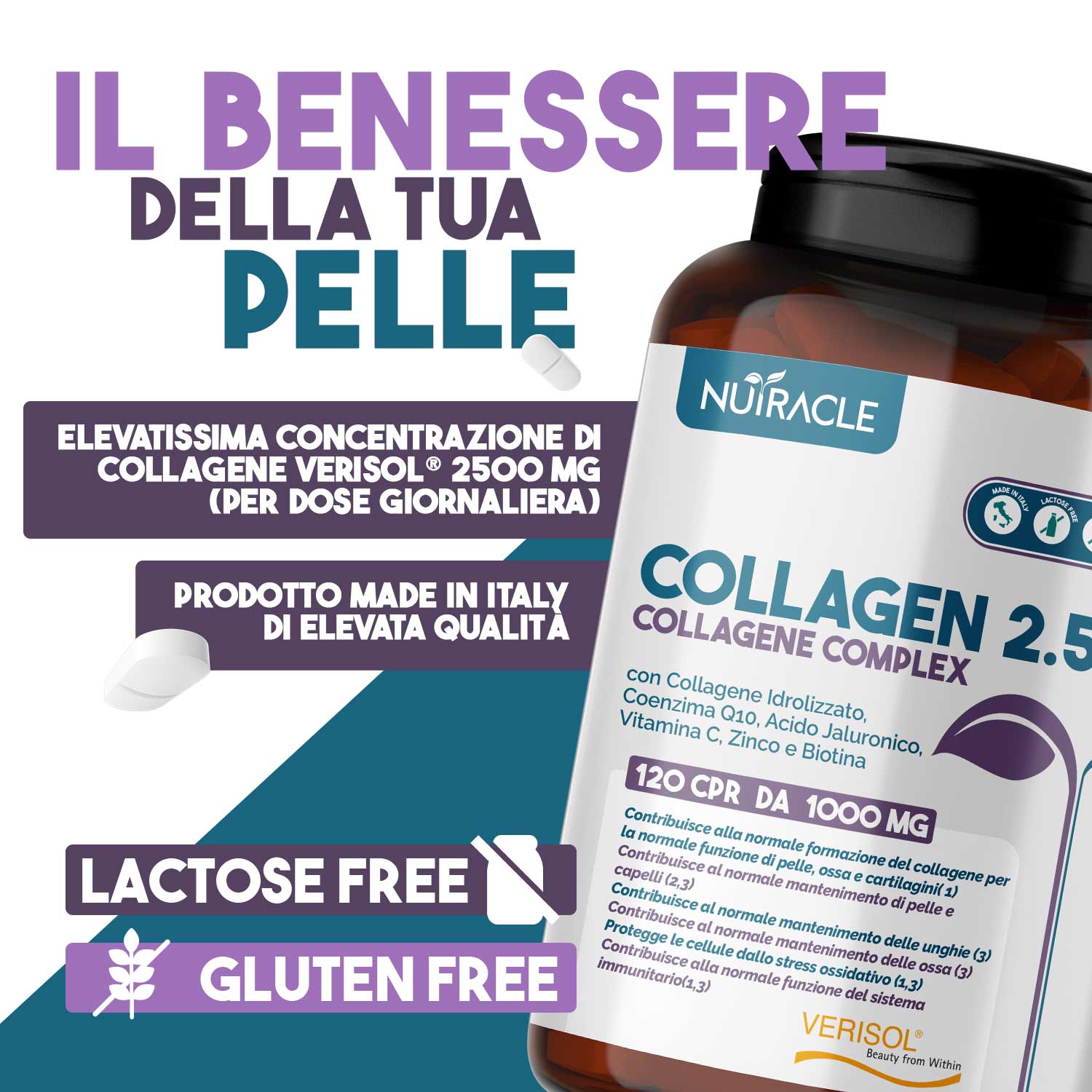 Nutracle Collagen 2,5 - Integratore Per Capelli, Pelle Ed Unghie 120 Compresse