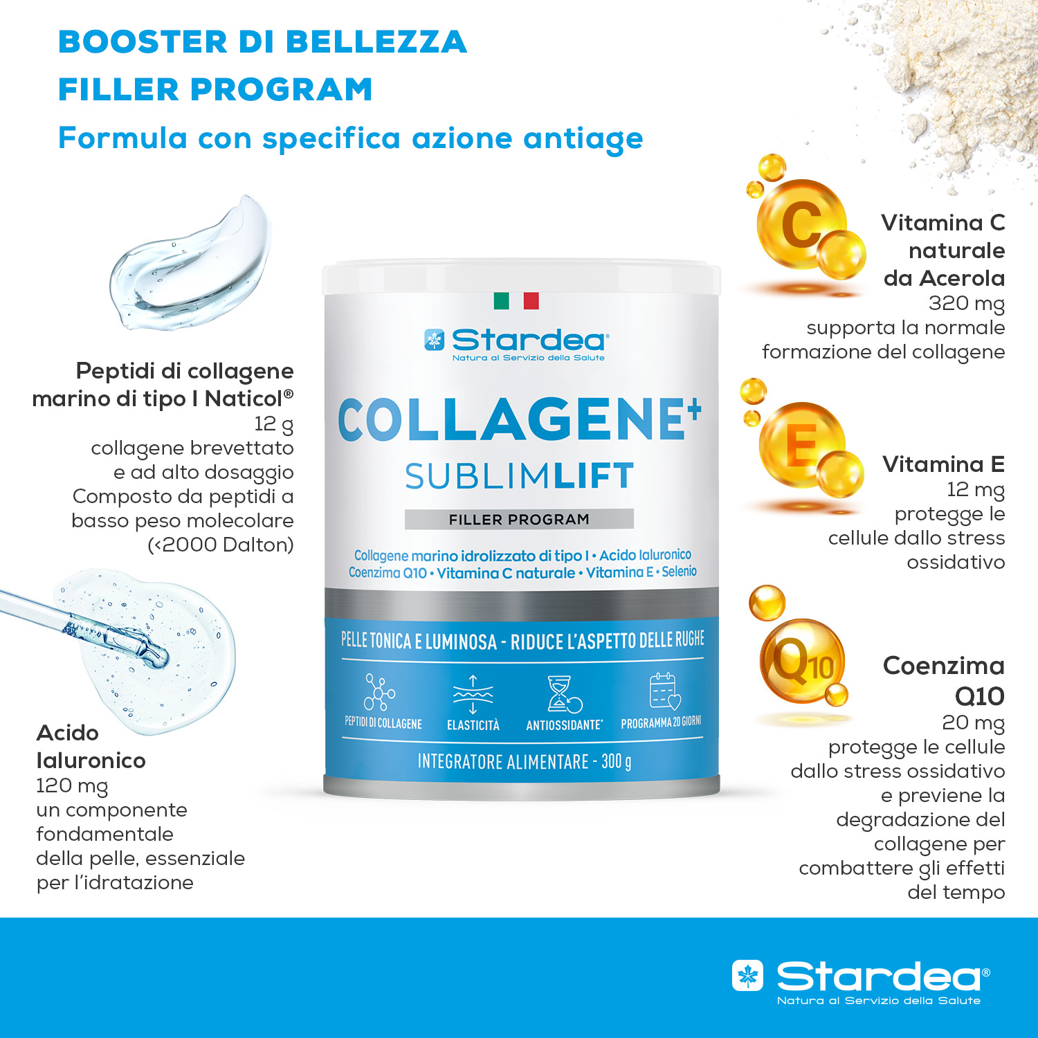 STARDEA COLLAGENE + SUBLIMLIFT POLVERE - Integratore in polvere a base di collagene marino di tipo 1 per la Bellezza della pelle - POLVERE 300 GR