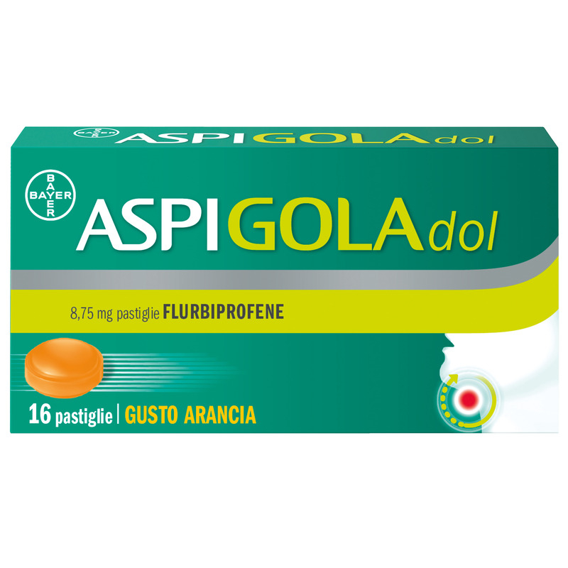 Aspi Gola Dol Caramelle Antinfiammatorio e Antidolorifico per Gola Infiammata, Faringite e Mal di gola, 16 pastiglie Senza Zucchero Arancia